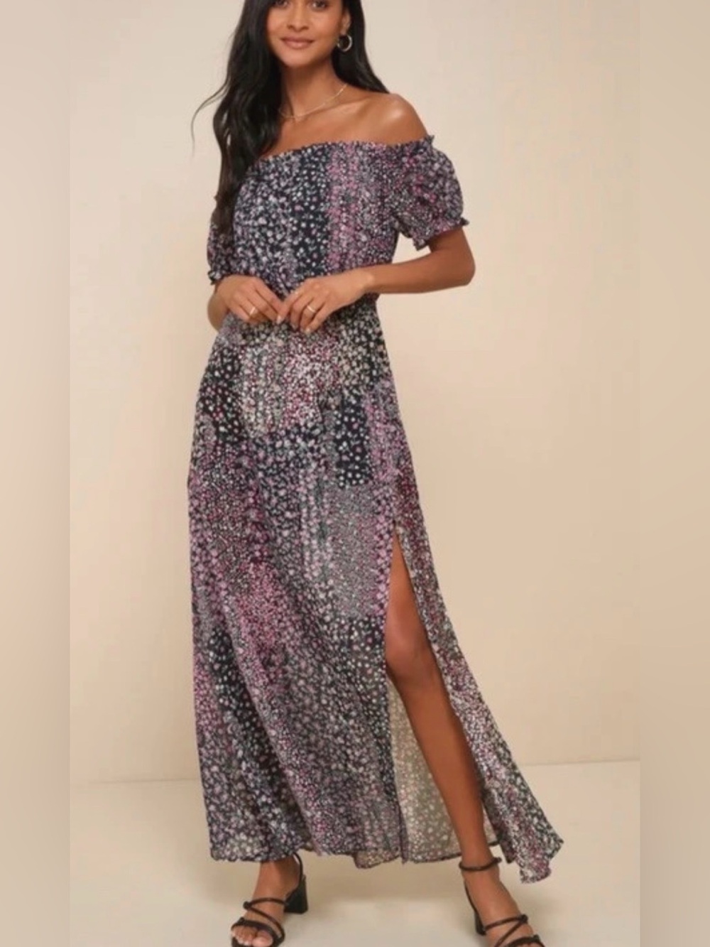 NWT Lulu's Off-Shoulder Floral Maxi Dress in Purple and Black Womens size XS